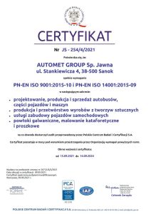 Certyfikat Zintegrowanego Systemu Zarządzania  2021